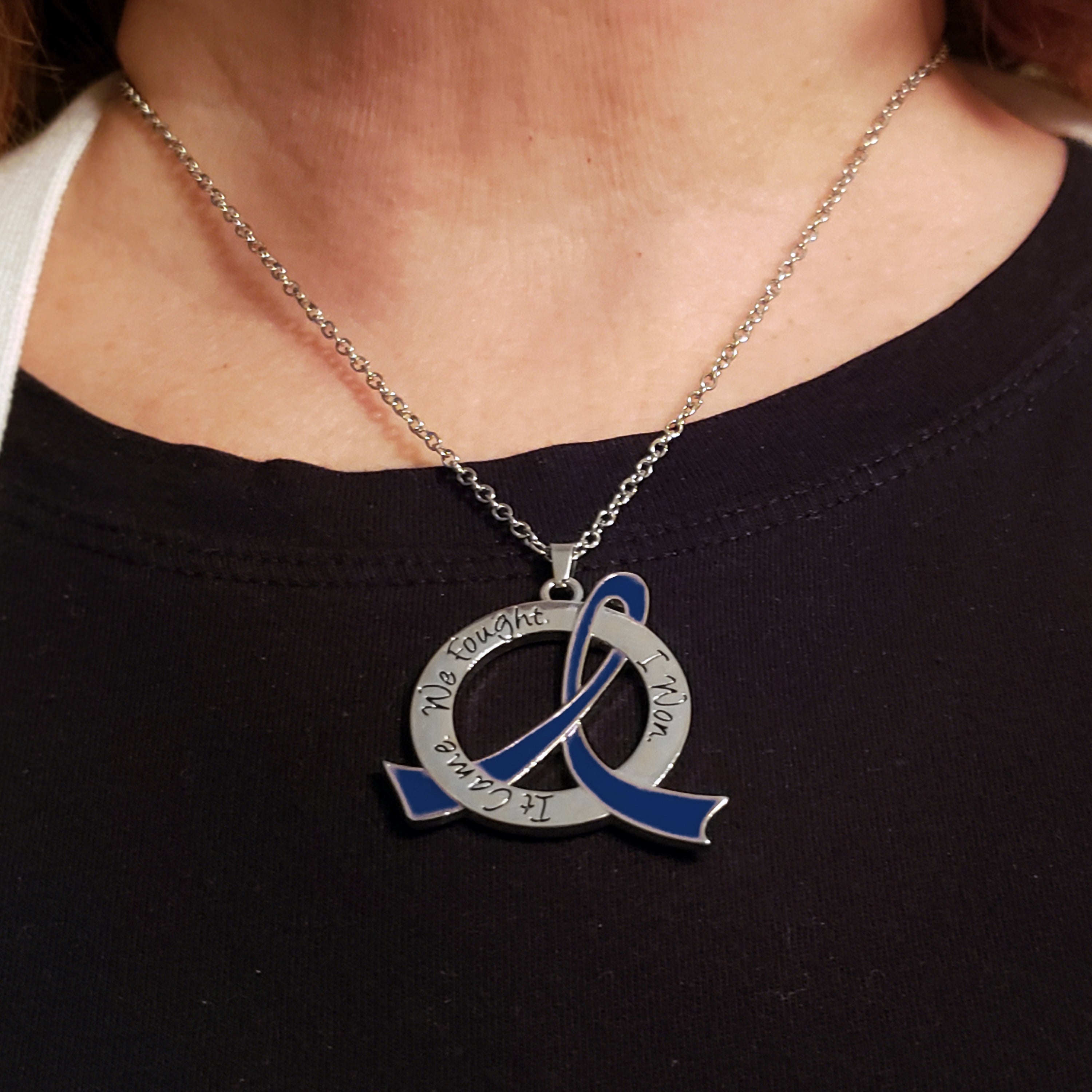 It Came We Fought I Won Awareness Ribbon Necklace - Blue