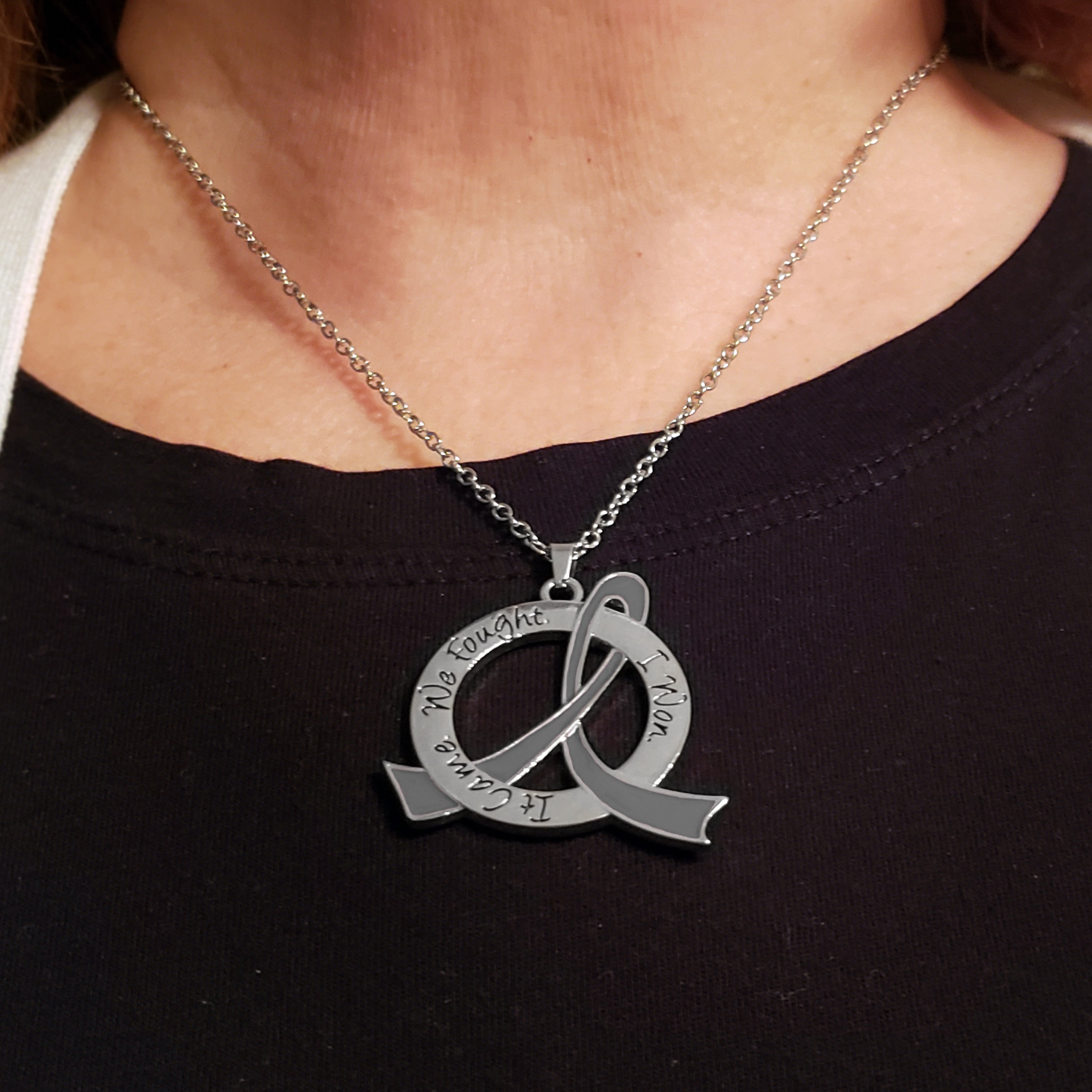 It Came We Fought I Won Awareness Ribbon Necklace - Grey