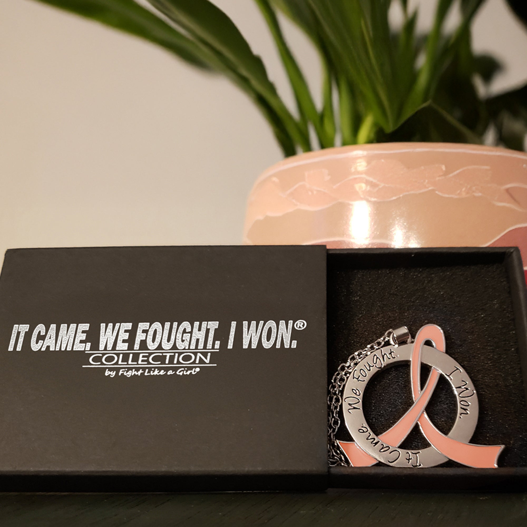 It Came We Fought I Won Awareness Ribbon Necklace - Peach