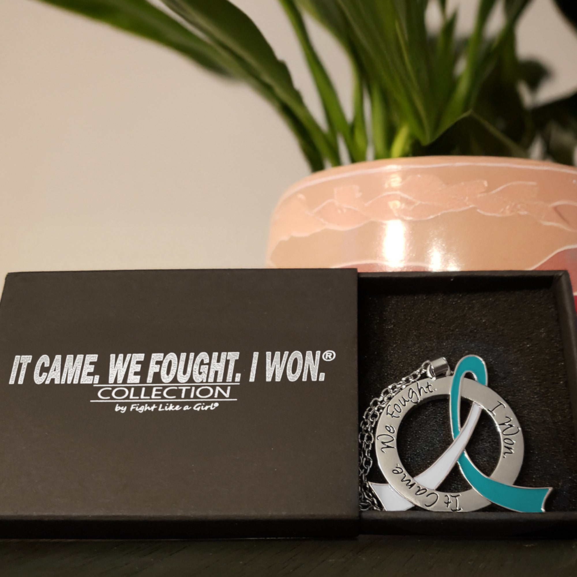 It Came We Fought I Won Awareness Ribbon Necklace - Teal/White