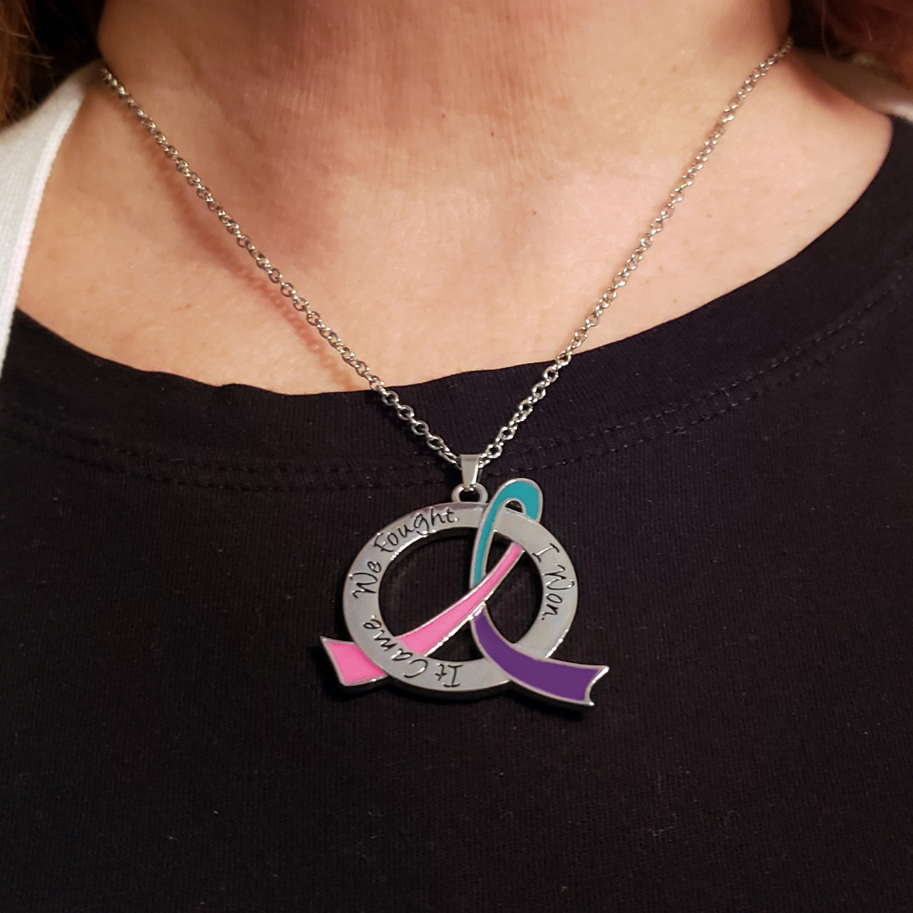 It Came We Fought I Won Awareness Ribbon Necklace - Teal/Purple/Pink