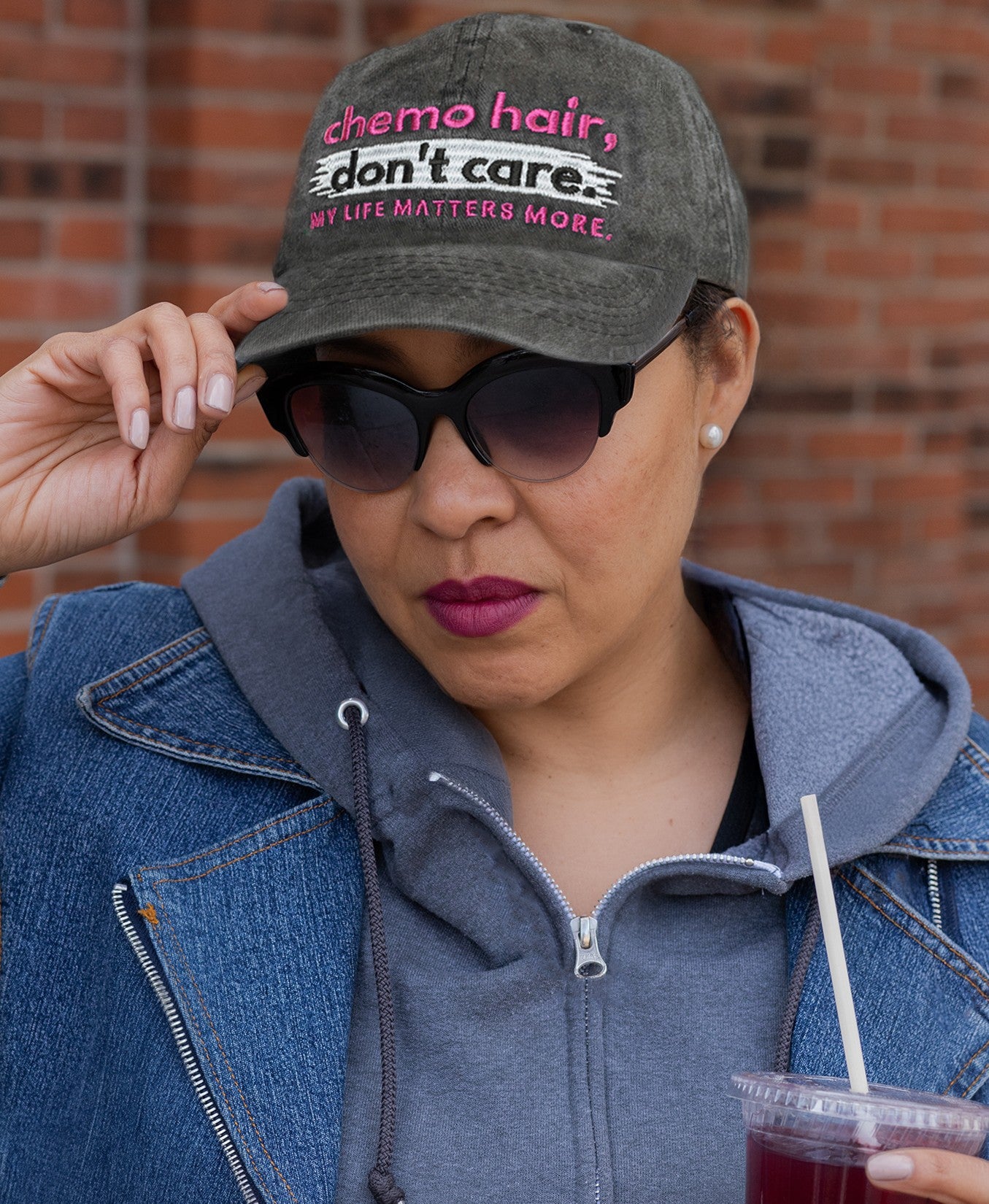 Chemo Hair Don't Care Embroidered Cap - Washed Black w/ Pink
