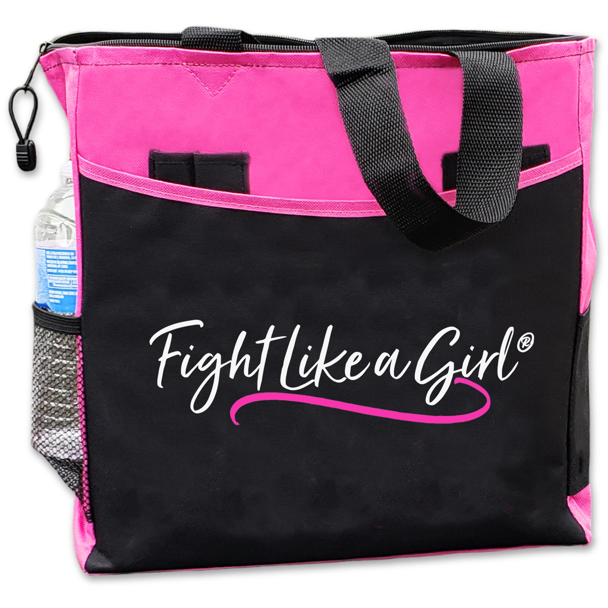 Fight Like a Girl Script Dakota Tote Bag - Black w/ Hot Pink