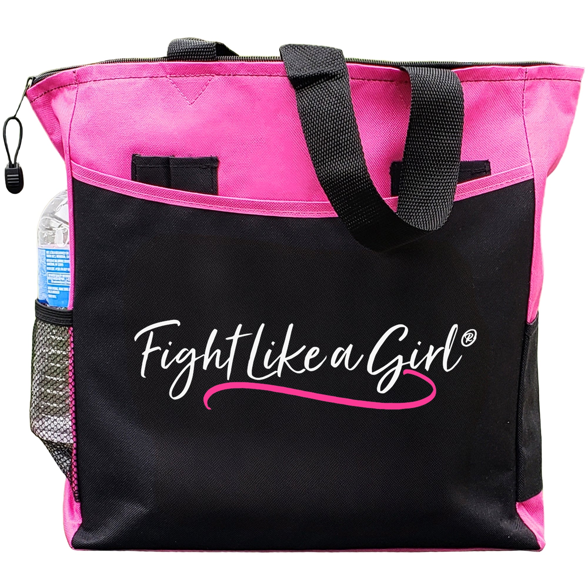 Fight Like a Girl Script Dakota Tote Bag - Black w/ Hot Pink