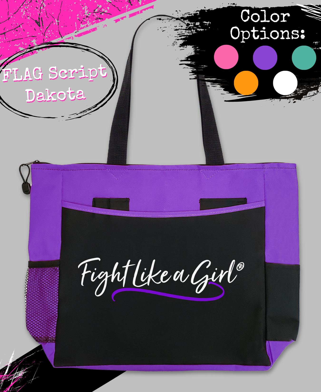 Fight Like a Girl Script Dakota Tote Bag - Black w/ Purple
