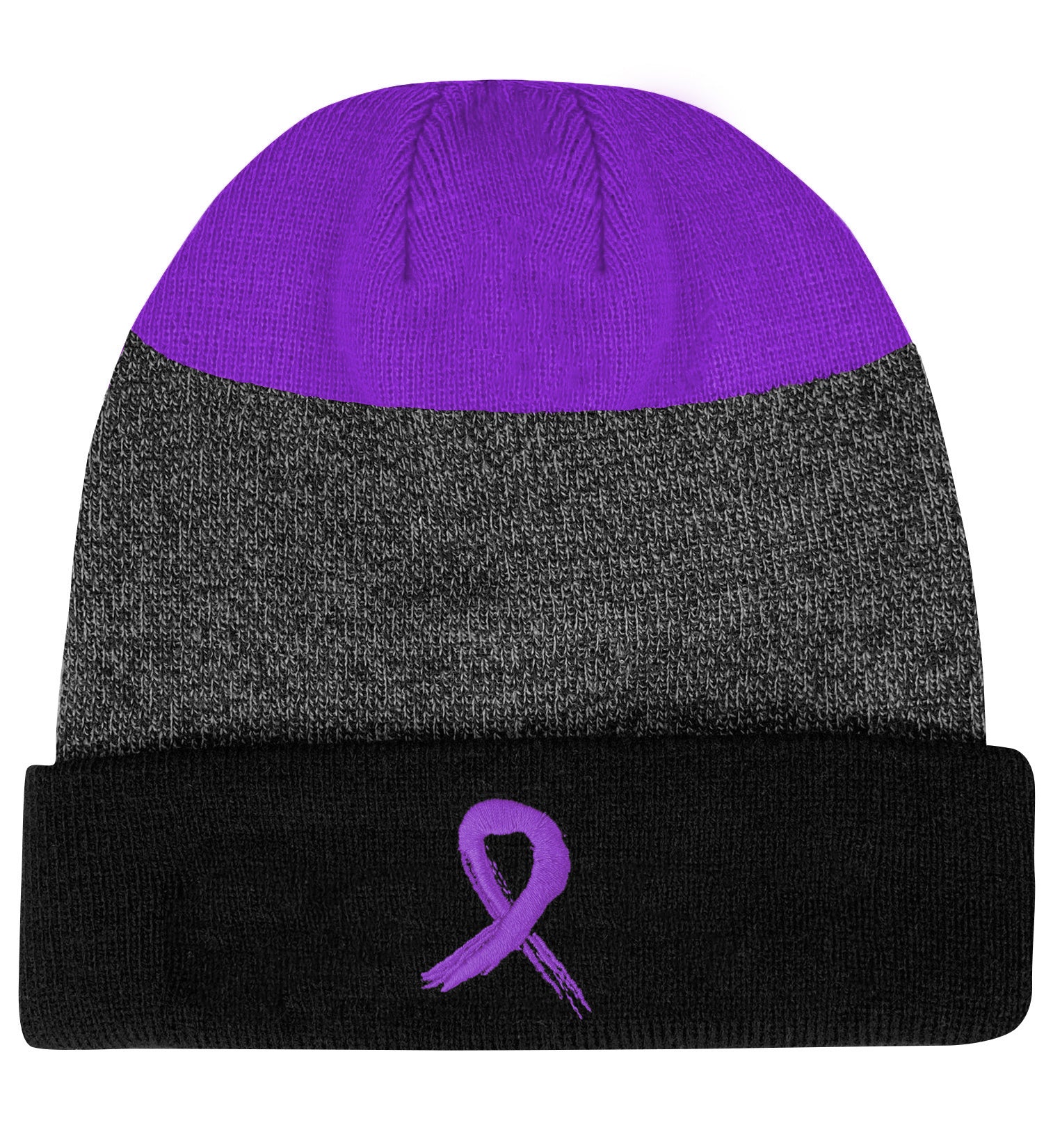 Grunge Ribbon Cuffed Knit Beanie - Black/Purple w/ Purple