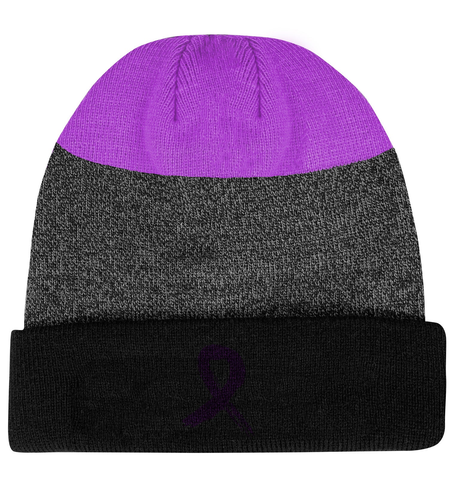 Grunge Ribbon Cuffed Knit Beanie - Black/Purple w/ Purple