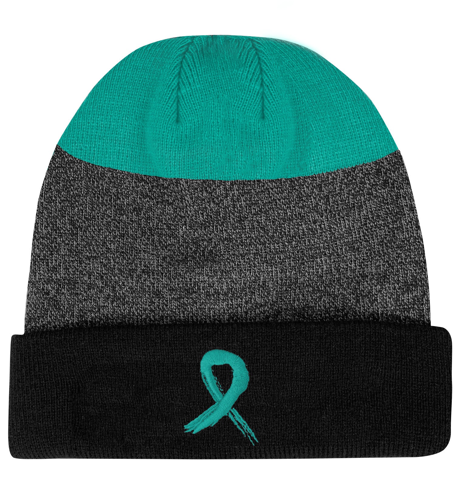 Grunge Ribbon Cuffed Knit Beanie - Teal Ribbon on Black/Teal