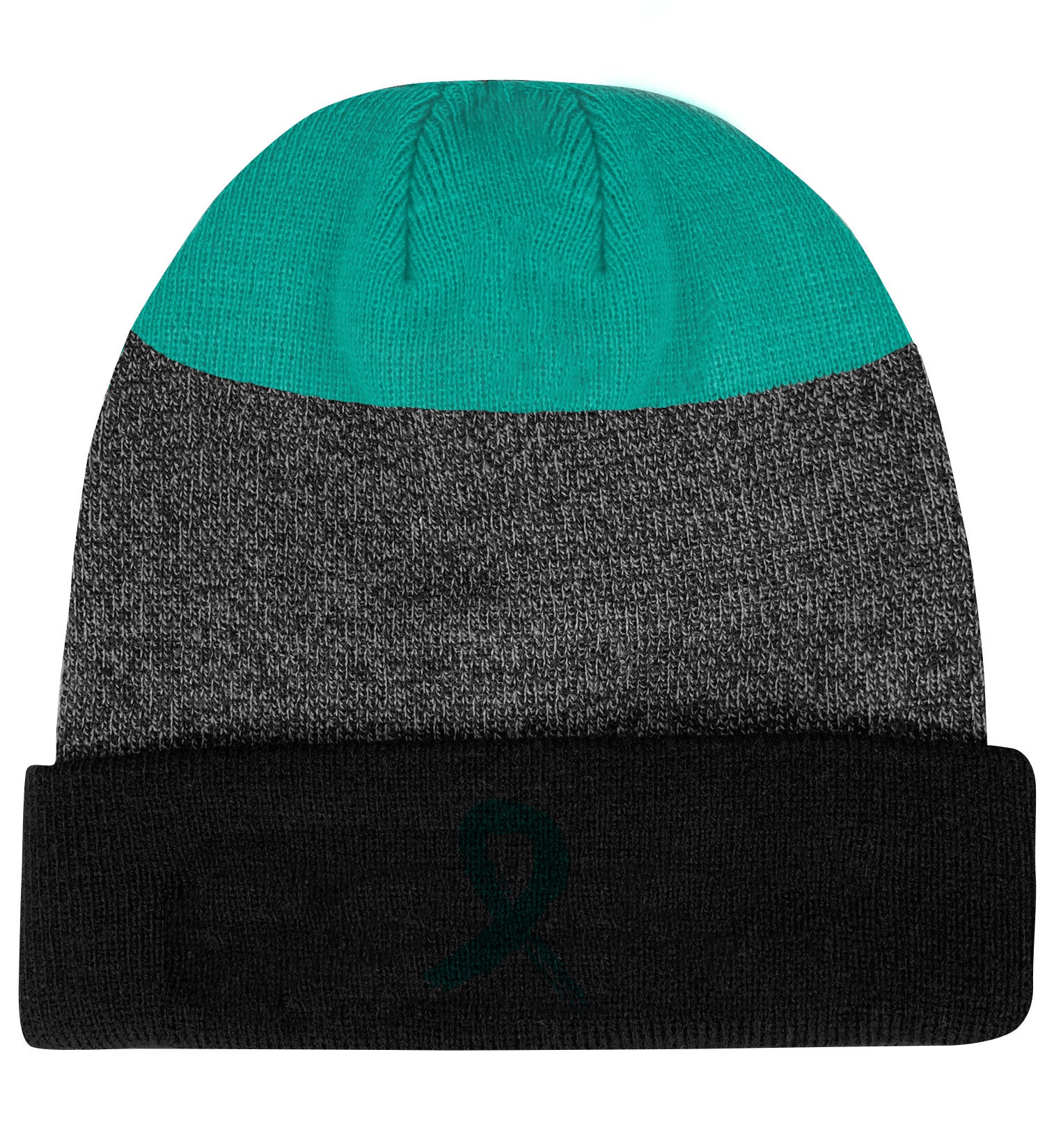 Grunge Ribbon Cuffed Knit Beanie - Teal Ribbon on Black/Teal