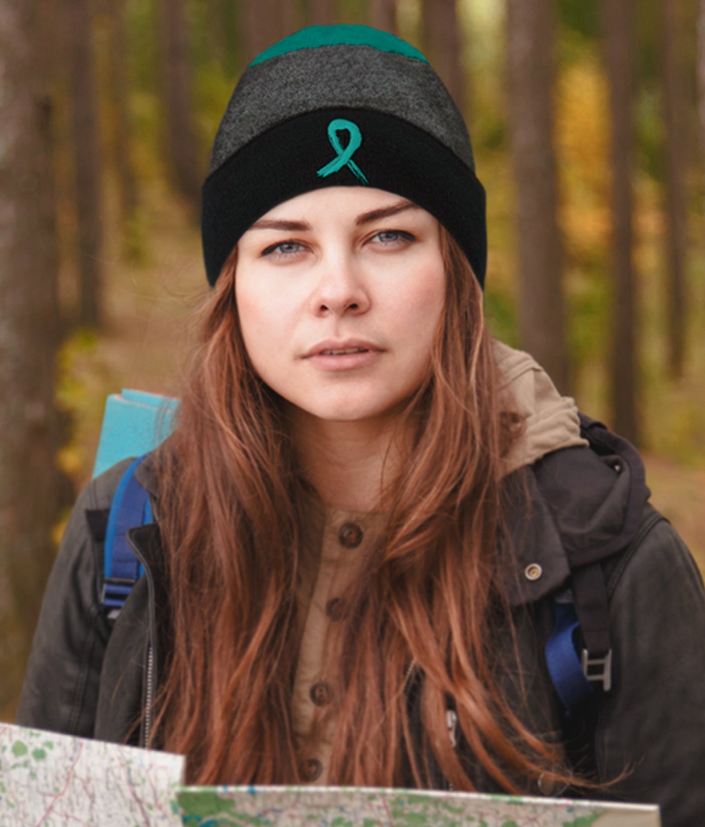 Grunge Ribbon Cuffed Knit Beanie - Teal Ribbon on Black/Teal