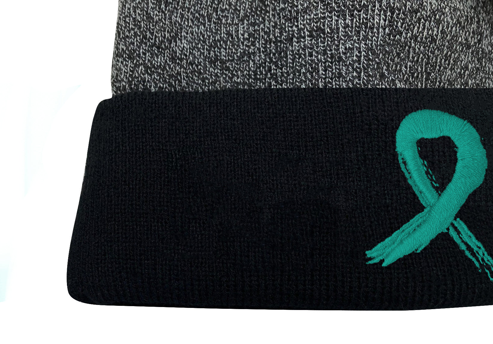 Grunge Ribbon Cuffed Knit Pom Beanie - Black/Teal w/ Teal