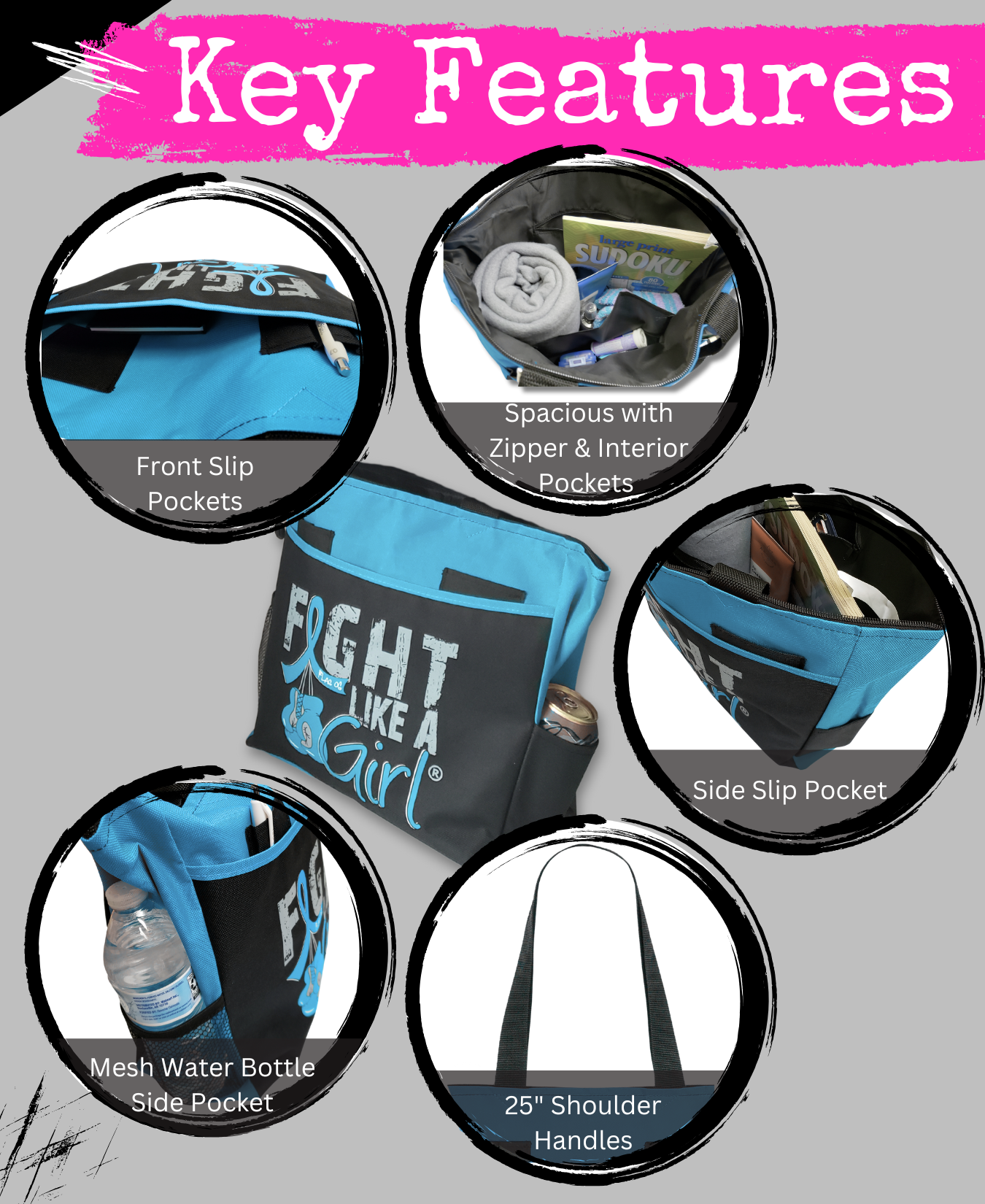 Fight Like a Girl Knockout Dakota Tote Bag - Black w/ Light Blue