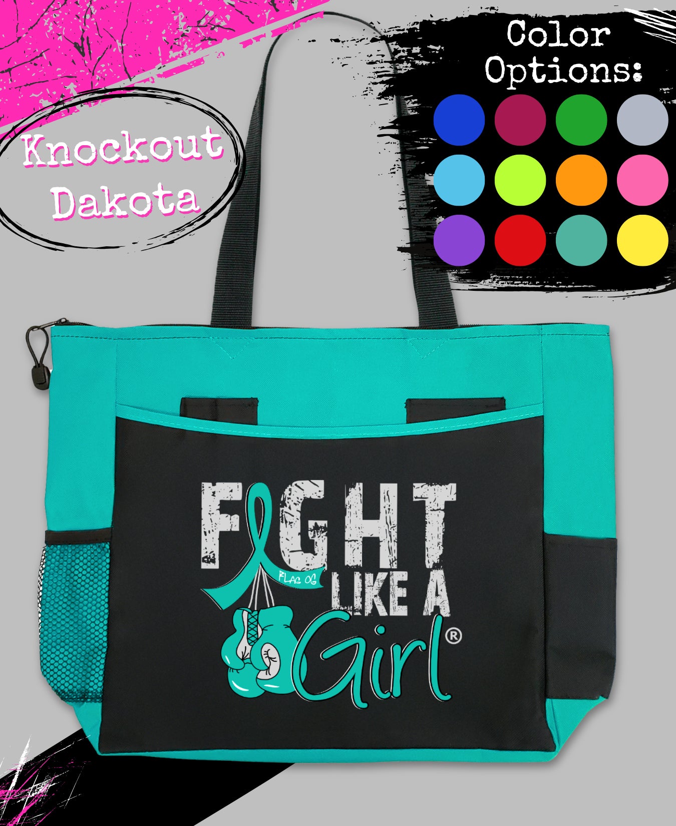 Fight Like a Girl Knockout Dakota Tote Bag - Black w/ Teal