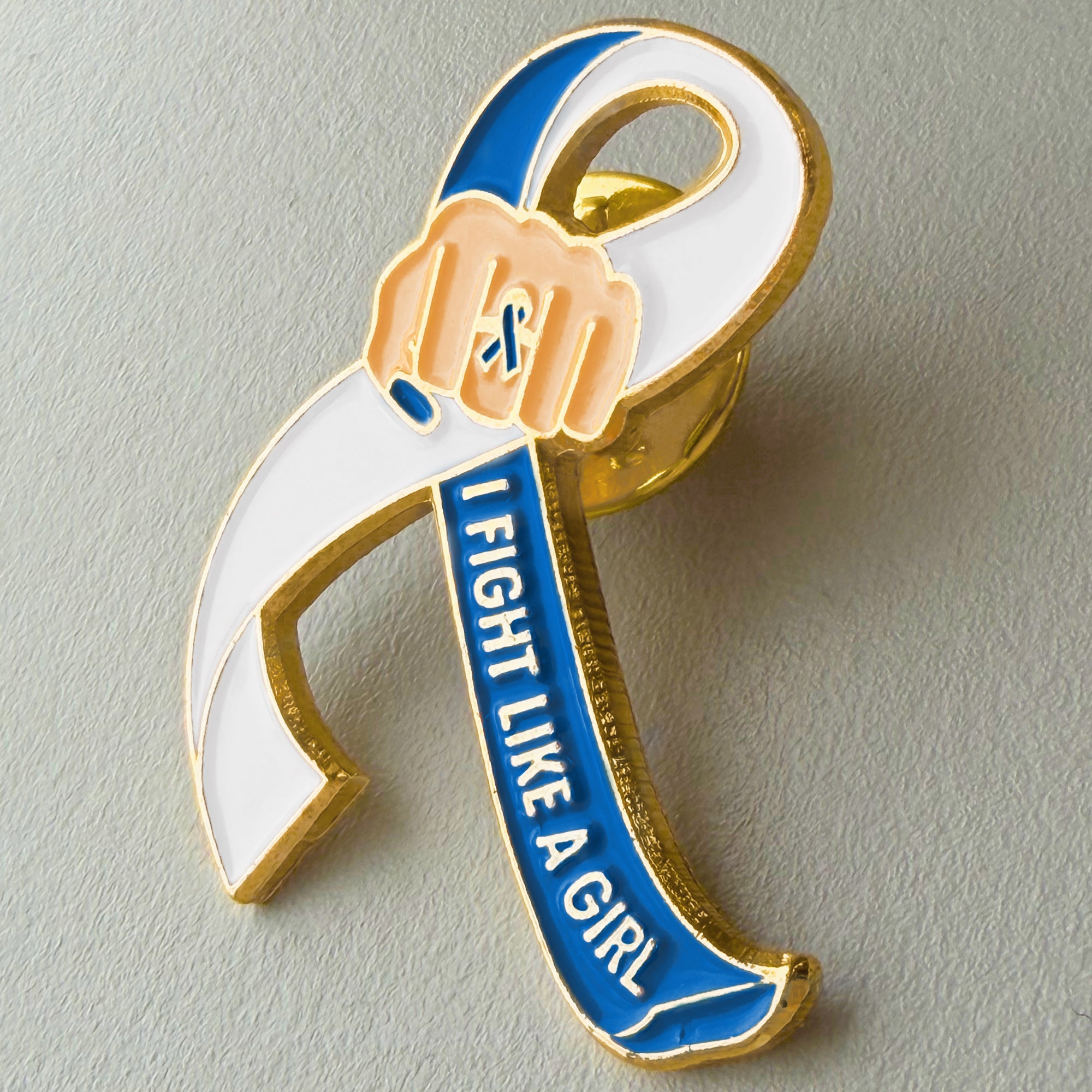 I Fight Like a Girl Fist Awareness Ribbon Lapel Pin - Blue/White