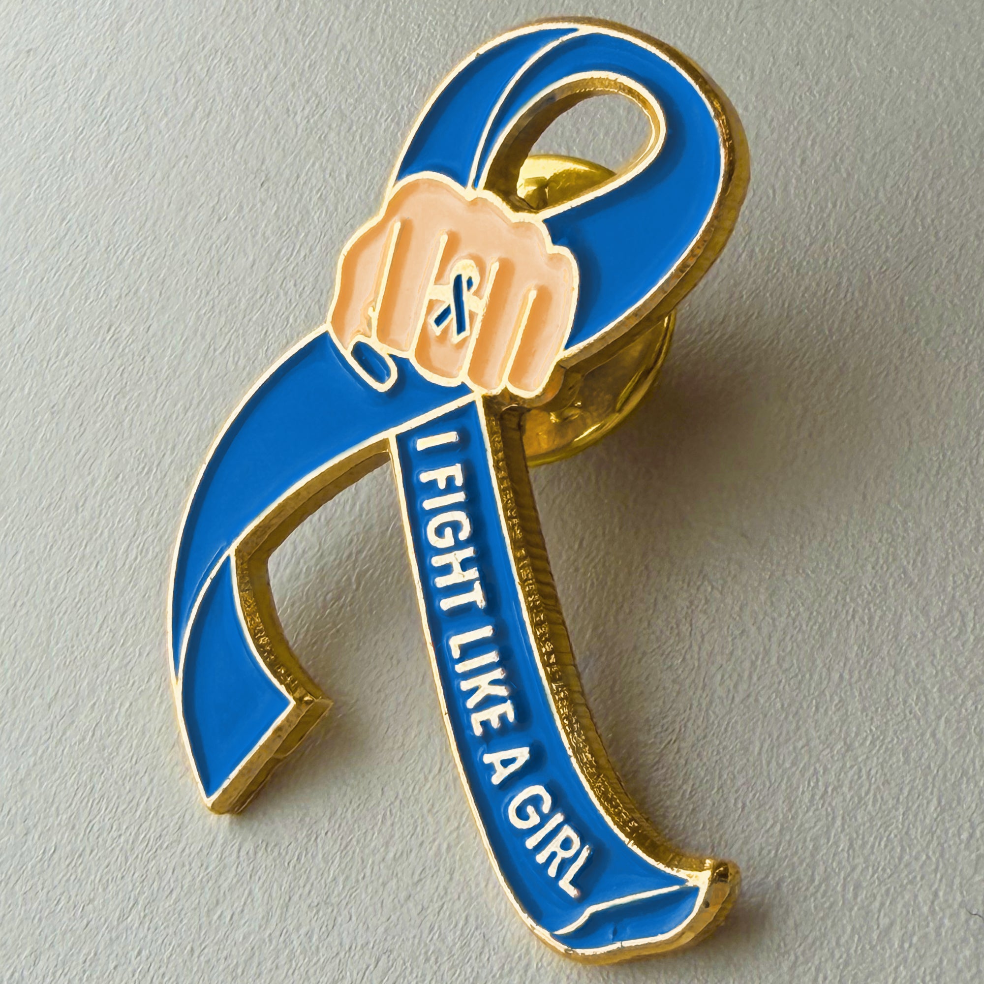 I Fight Like a Girl Fist Awareness Ribbon Lapel Pin - Blue
