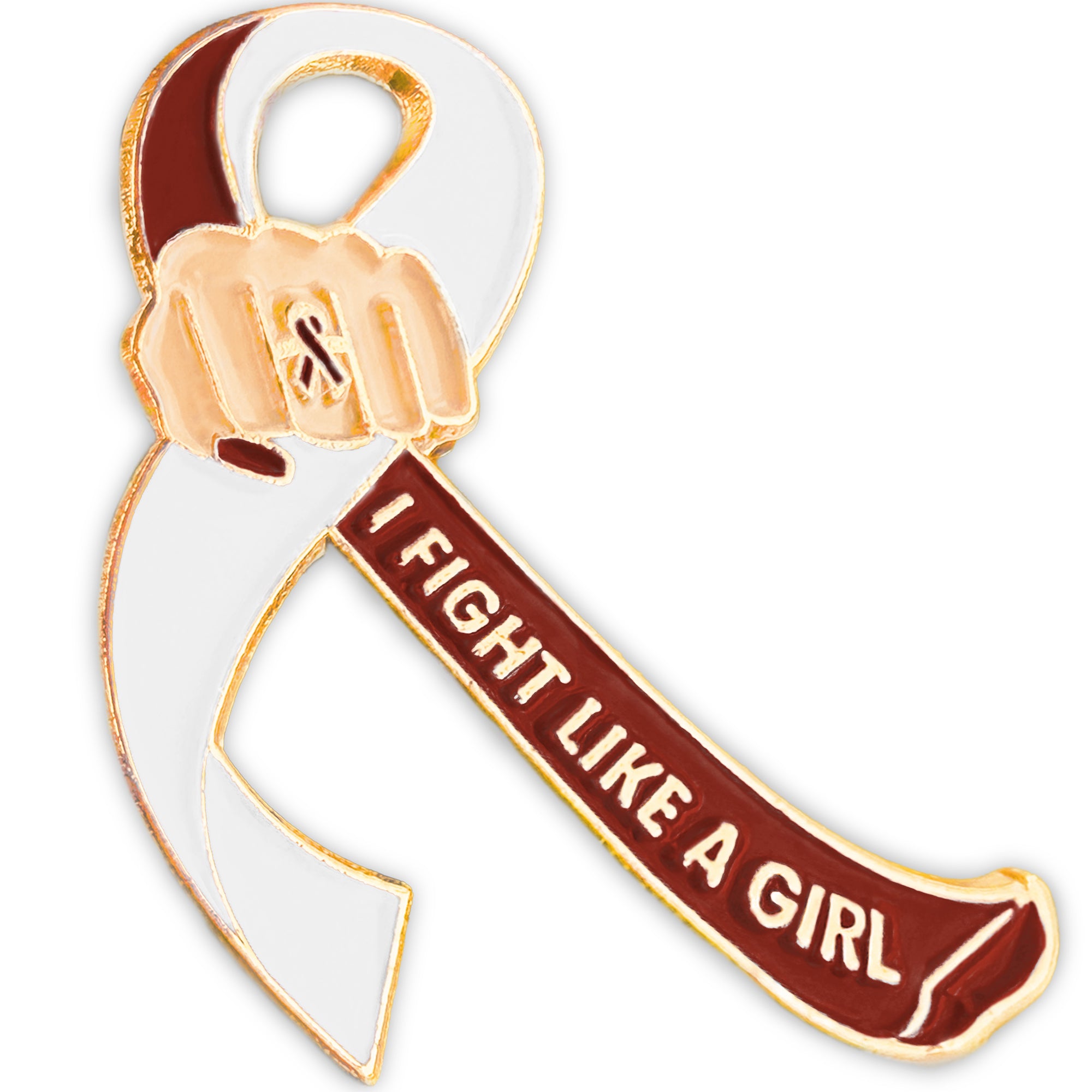 I Fight Like a Girl Fist Awareness Ribbon Lapel Pin - Burgundy/White