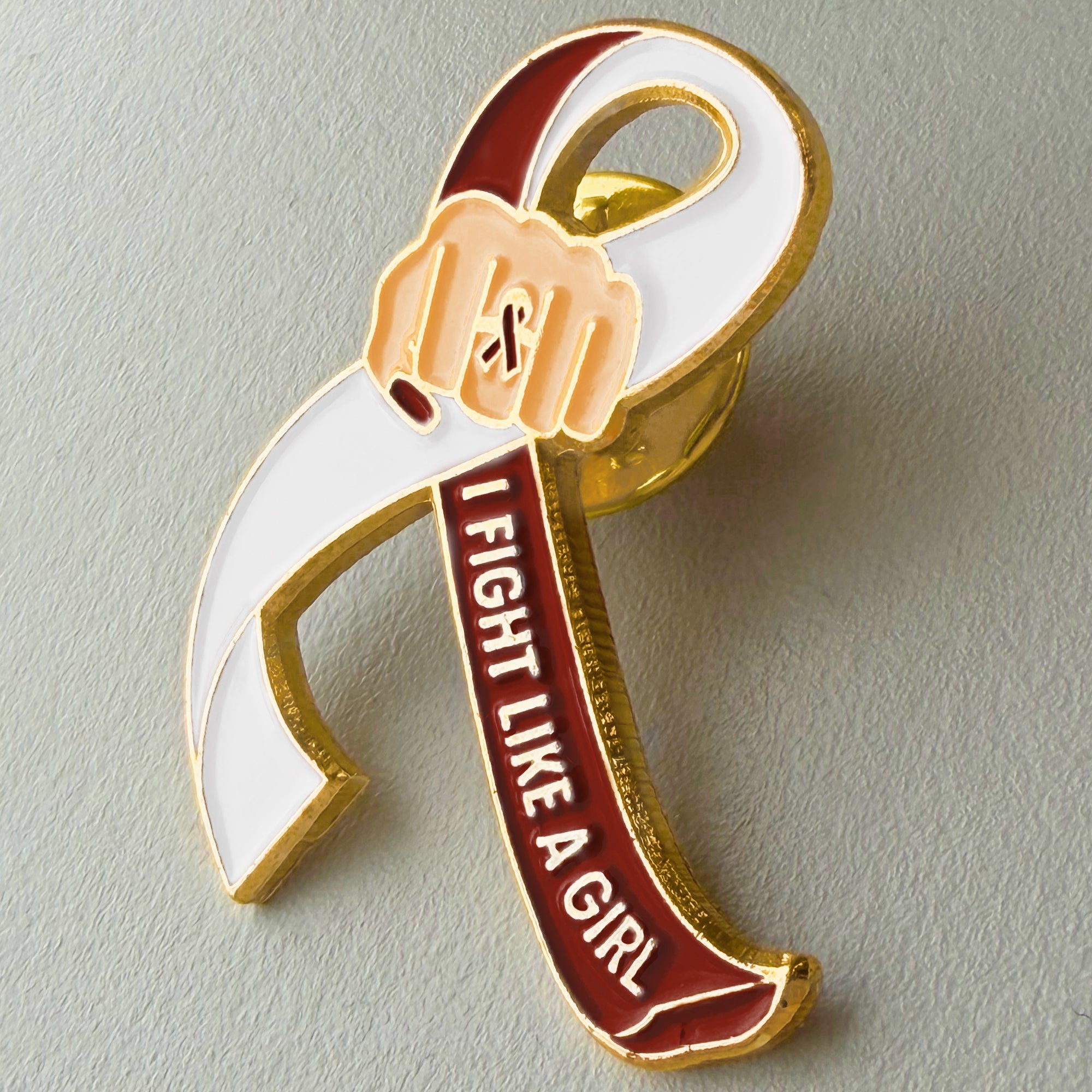 I Fight Like a Girl Fist Awareness Ribbon Lapel Pin - Burgundy/White