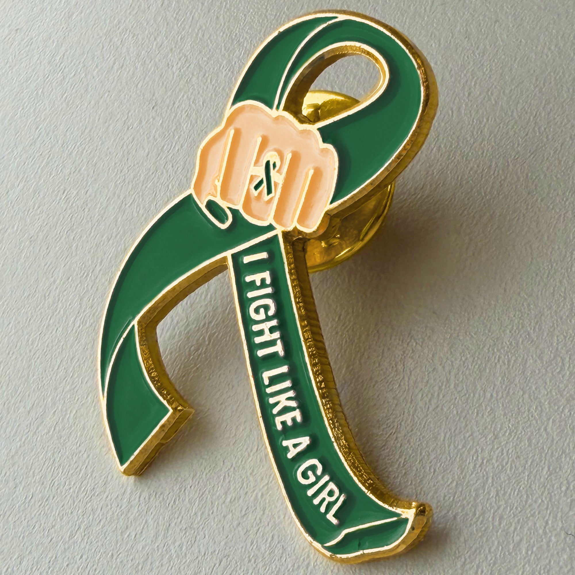 I Fight Like a Girl Fist Awareness Ribbon Lapel Pin - Emerald Green