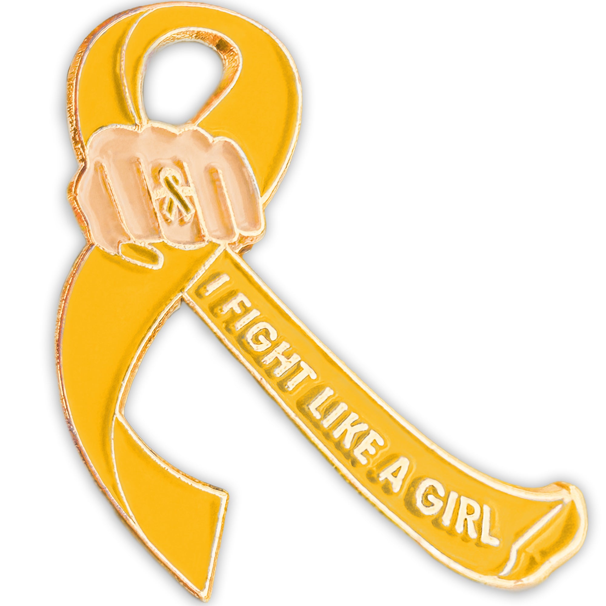 I Fight Like a Girl Fist Awareness Ribbon Lapel Pin - Gold
