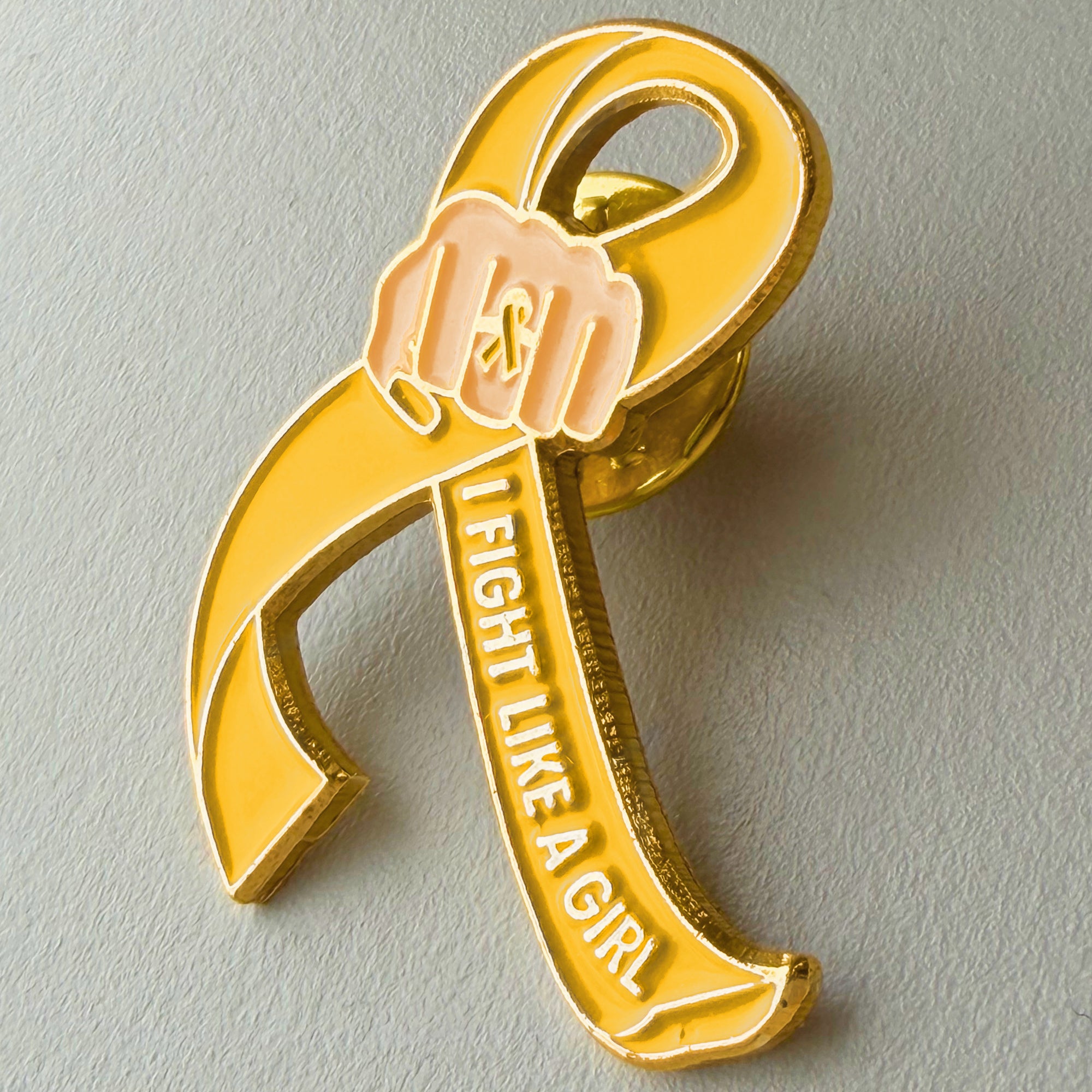 I Fight Like a Girl Fist Awareness Ribbon Lapel Pin - Gold