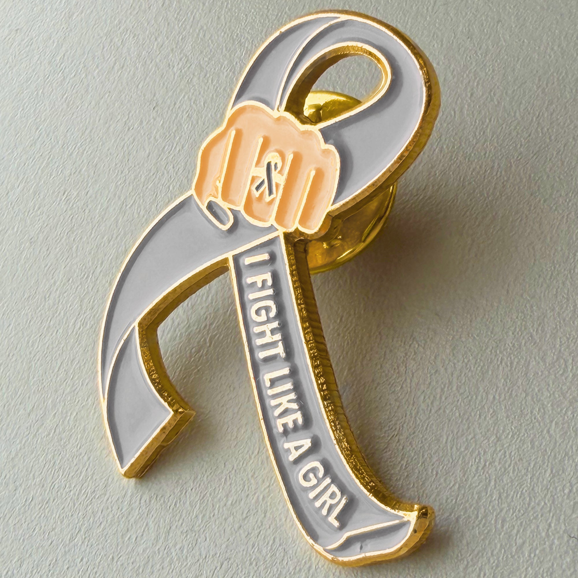 I Fight Like a Girl Fist Awareness Ribbon Lapel Pin - Grey
