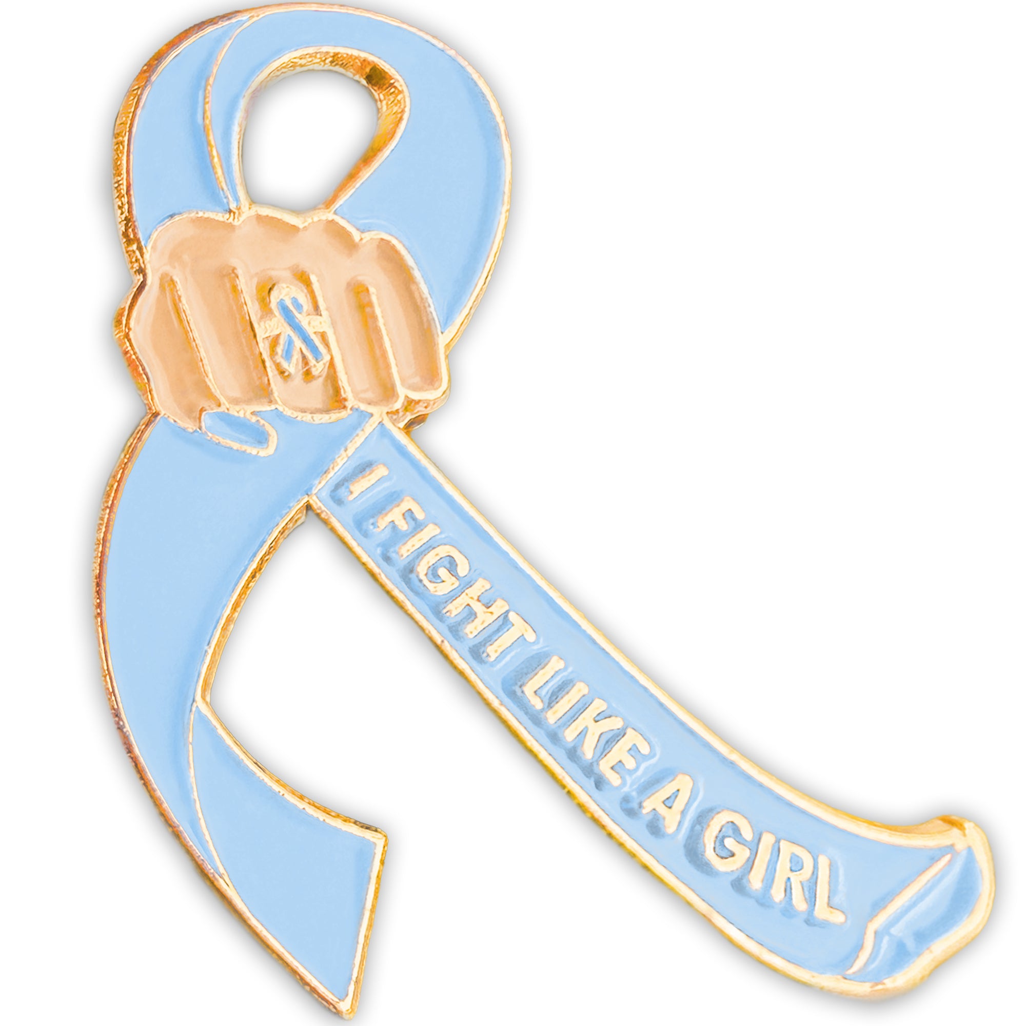 I Fight Like a Girl Fist Awareness Ribbon Lapel Pin - Light Blue