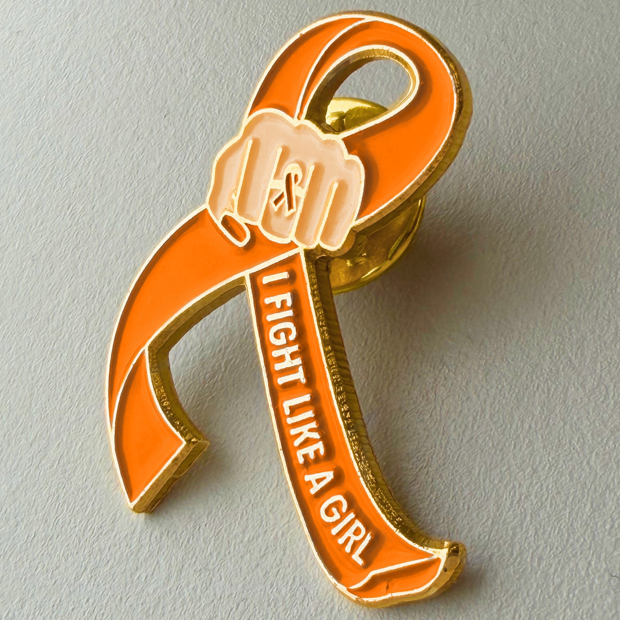 I Fight Like a Girl Fist Awareness Ribbon Lapel Pin - Orange