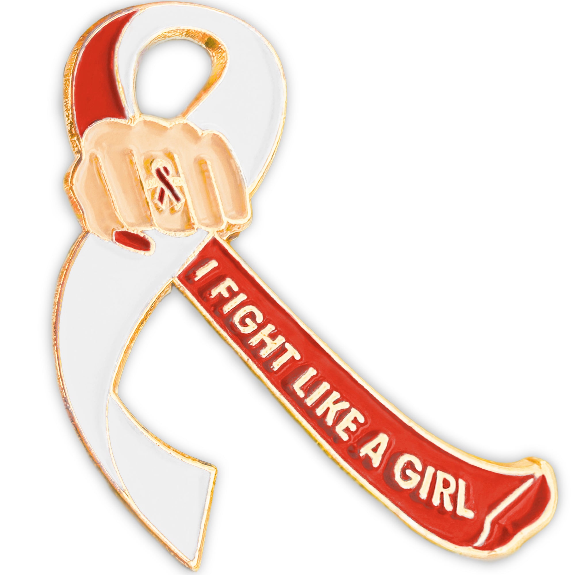 I Fight Like a Girl Fist Awareness Ribbon Lapel Pin - Red/White