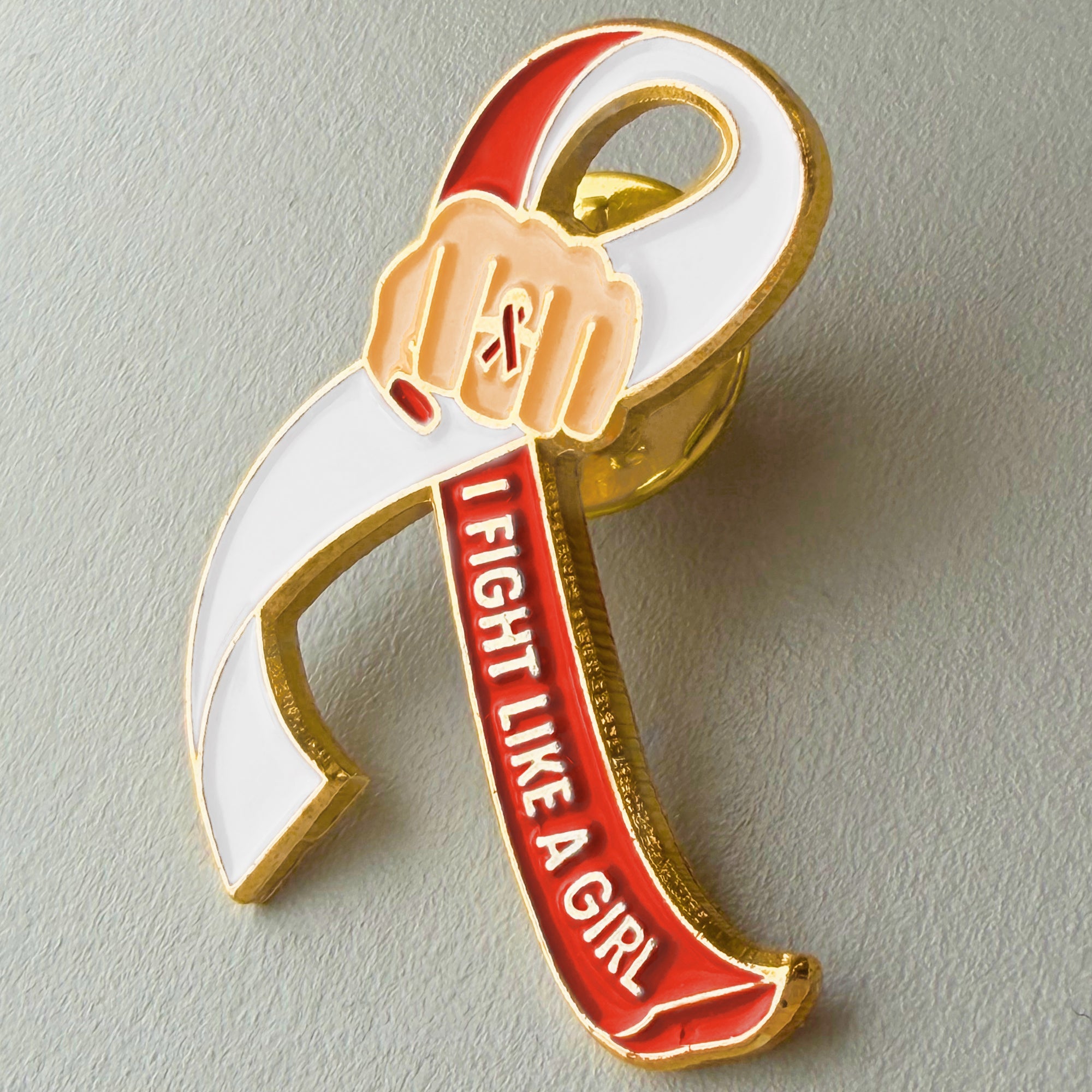 I Fight Like a Girl Fist Awareness Ribbon Lapel Pin - Red/White