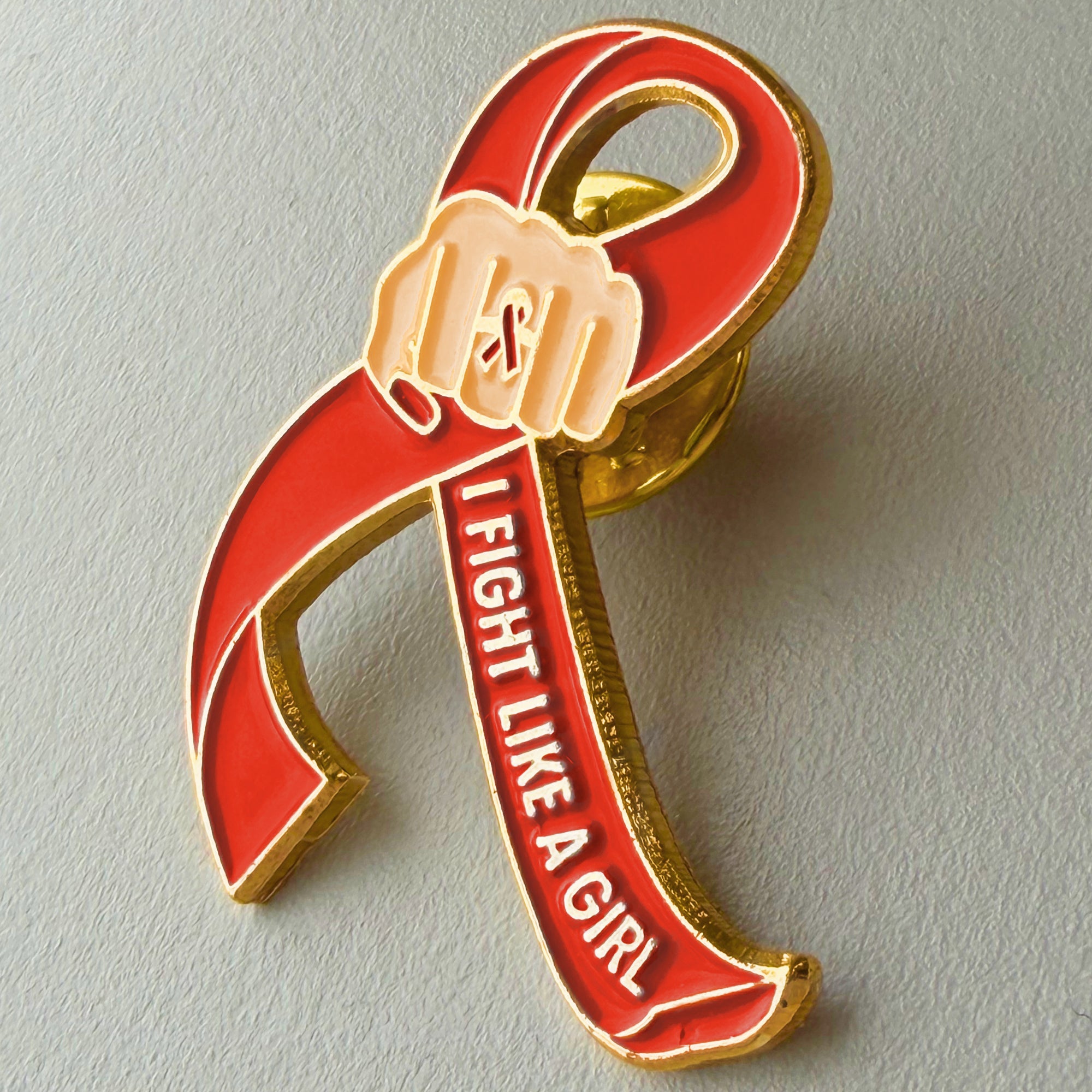 I Fight Like a Girl Fist Awareness Ribbon Lapel Pin - Red