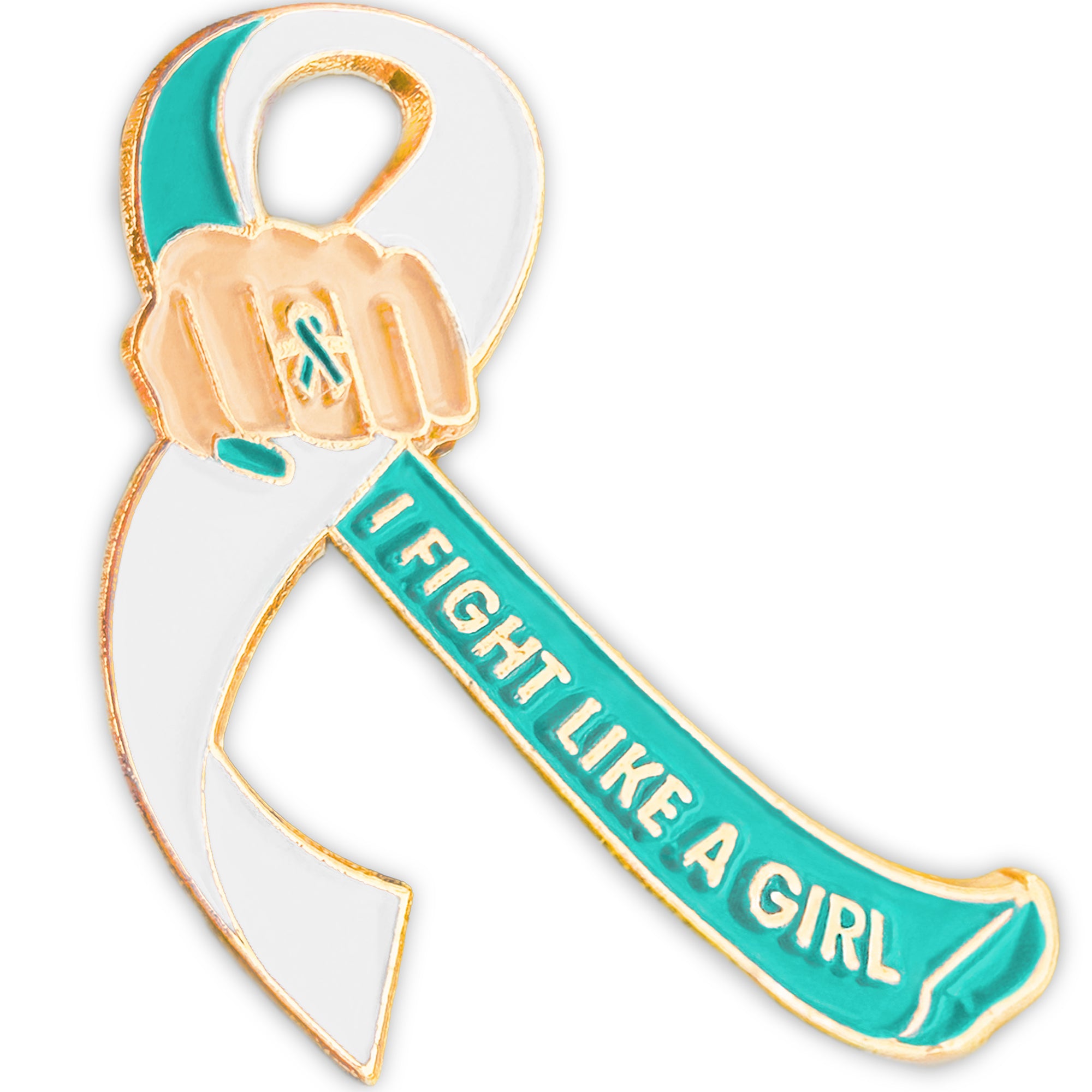 I Fight Like a Girl Fist Awareness Ribbon Lapel Pin - Teal/White