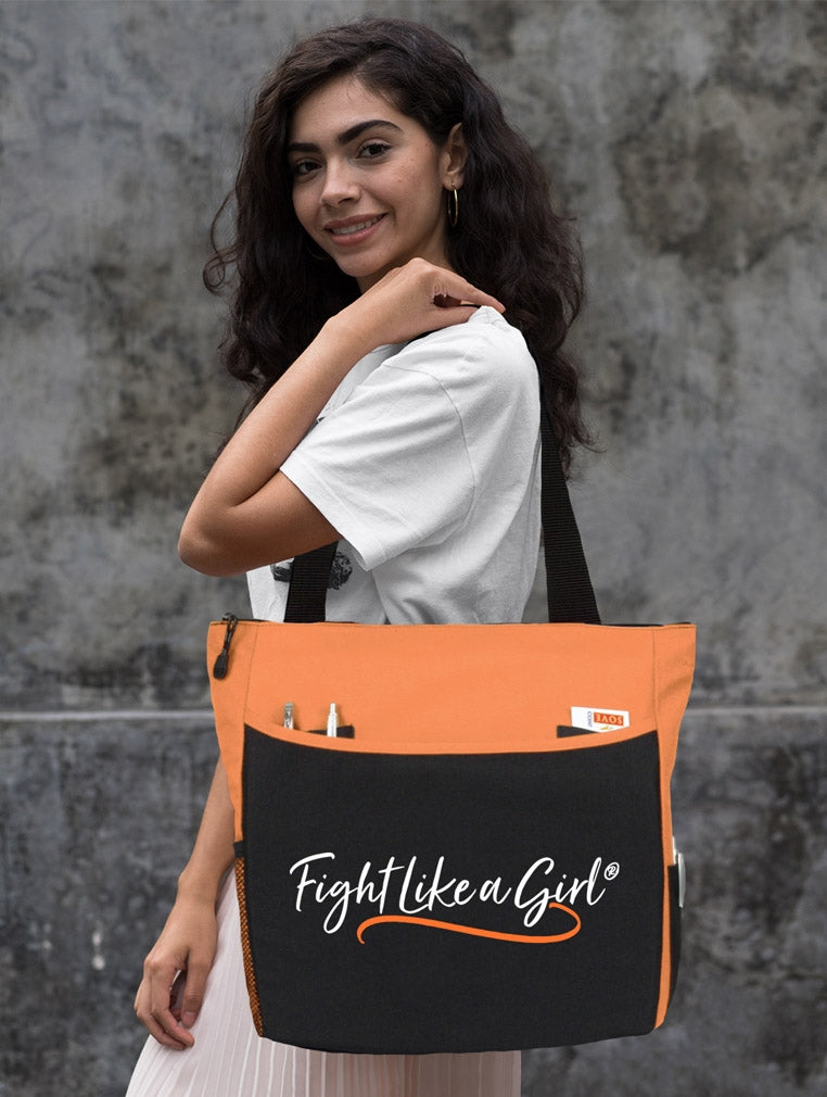 "Fight Like a Girl Script" Dakota Tote Bag - Orange 