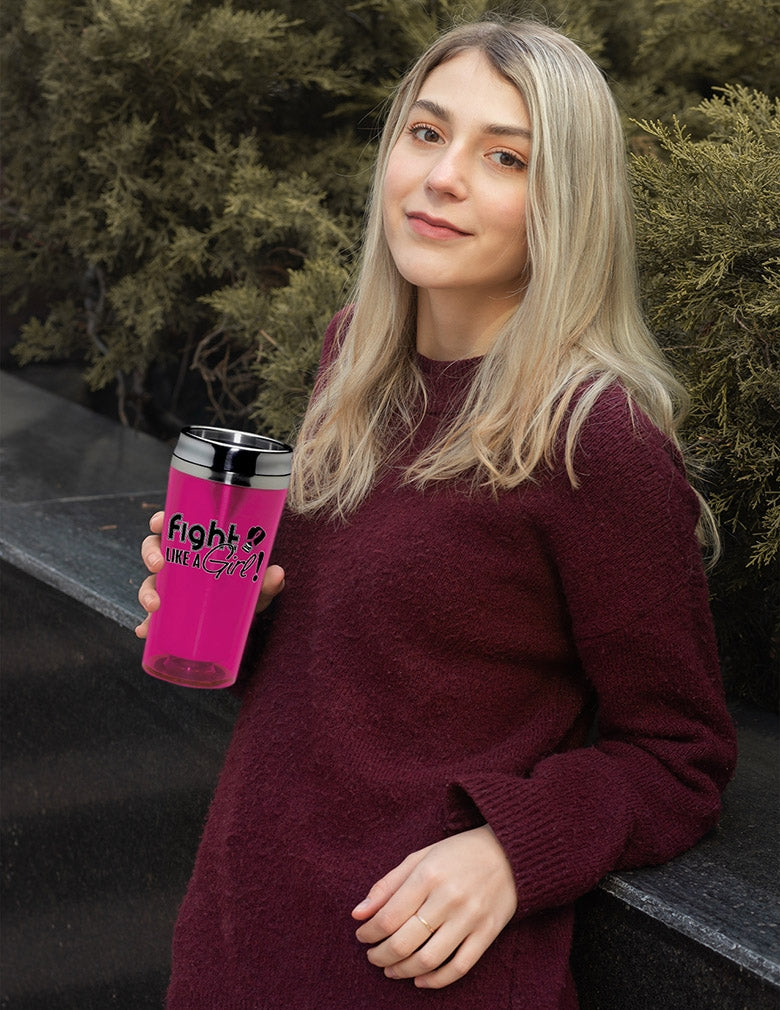 "Fight Like a Girl Signature" Stainless Steel Acrylic Travel Tumbler - Hot Pink