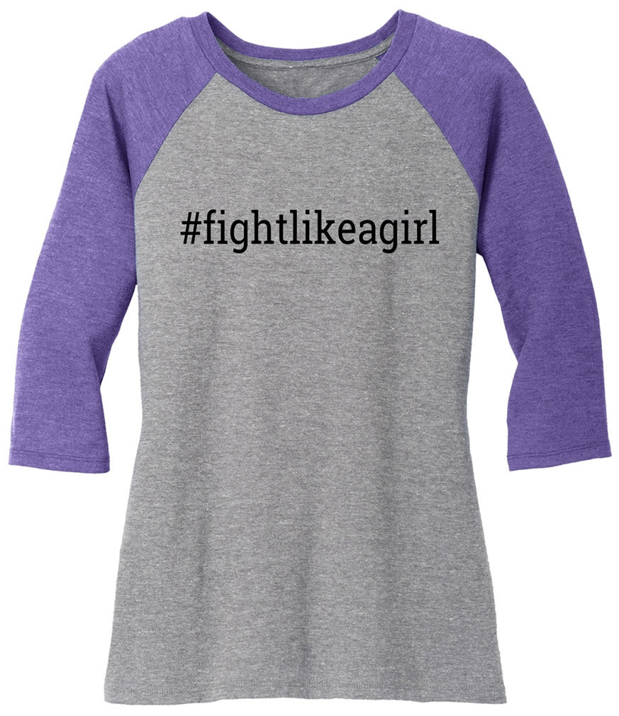 Fight Like a Girl Hashtag Women's Raglan 3/4 Sleeve T-Shirt - Grey Frost w/ Purple Frost