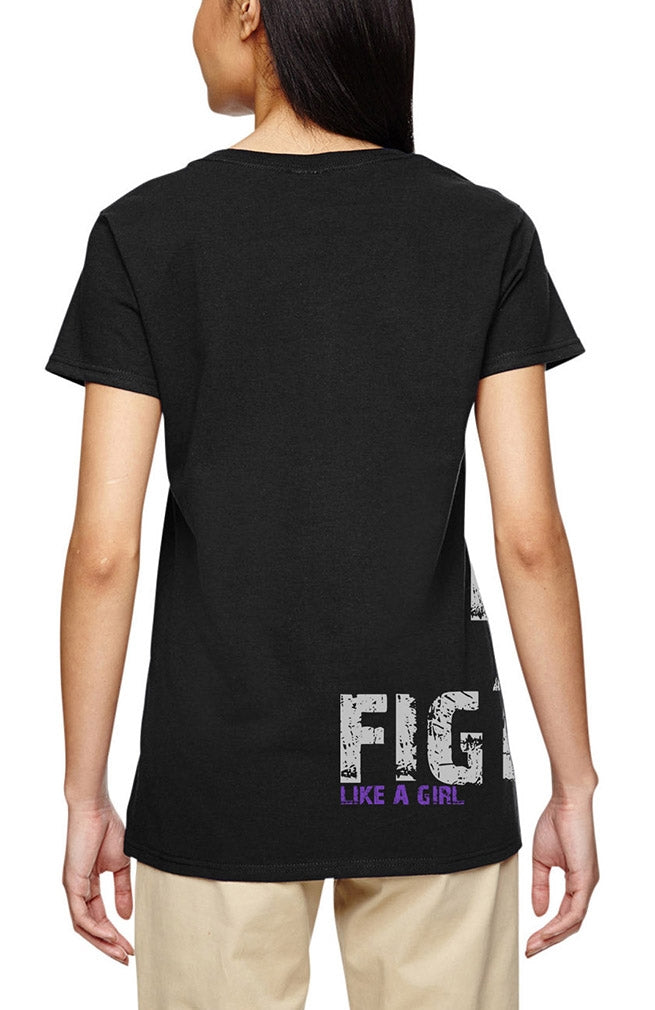 "Fight Like a Girl Side Wrap" Ladies V-Neck T-Shirt - Black w/ Purple 