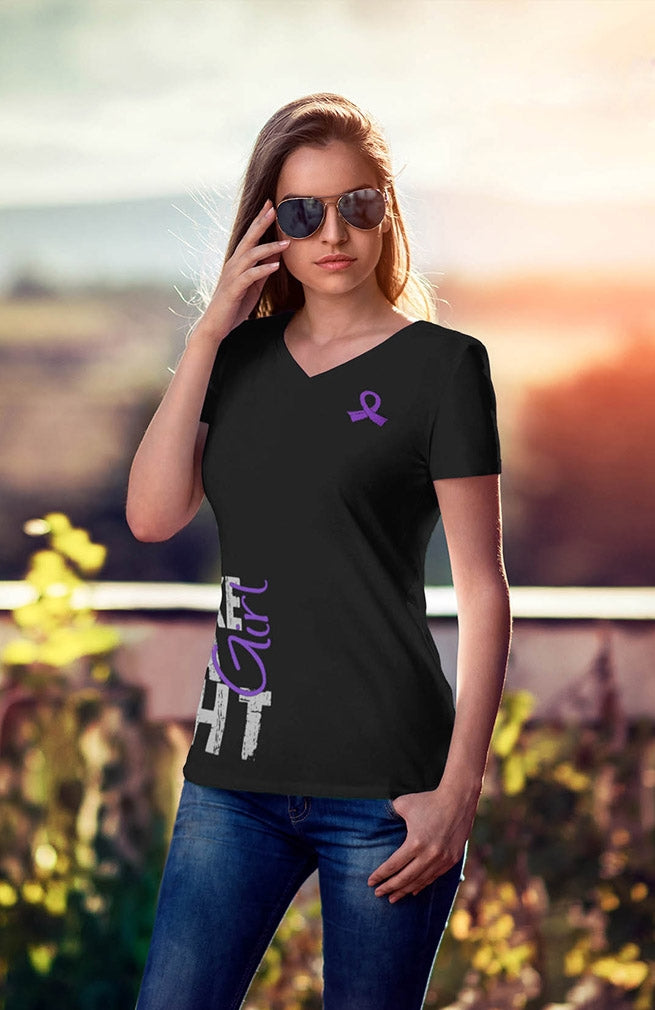 "Fight Like a Girl Side Wrap" Ladies V-Neck T-Shirt - Black w/ Purple 