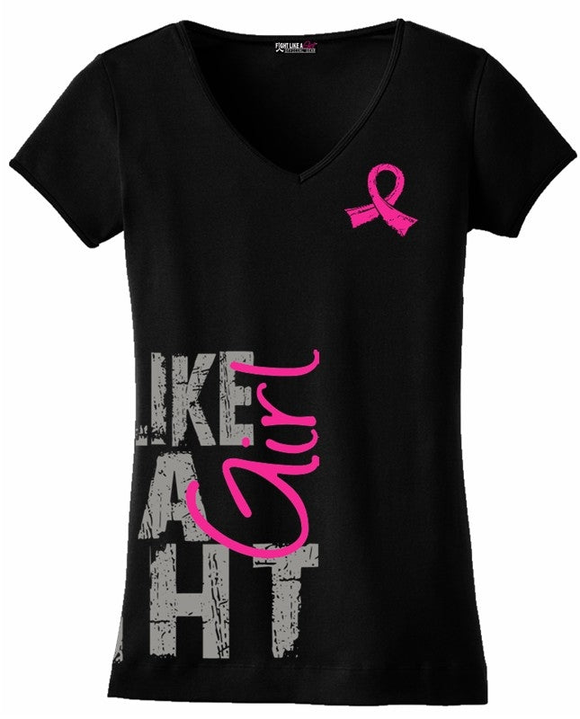 Fight Like a Girl Breast Cancer V-Neck Shirt - Form Fitting