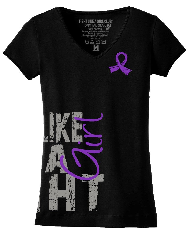 Fight Like a Girl V-Neck Shirt - Purple Ribbon
