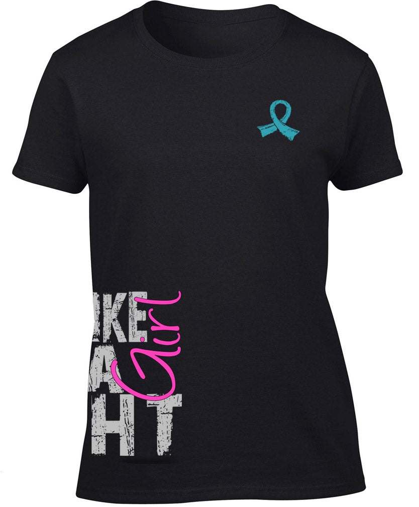 Fight Like a Girl Side Wrap v1 Women's T-Shirt - Black w/ Teal & Pink
