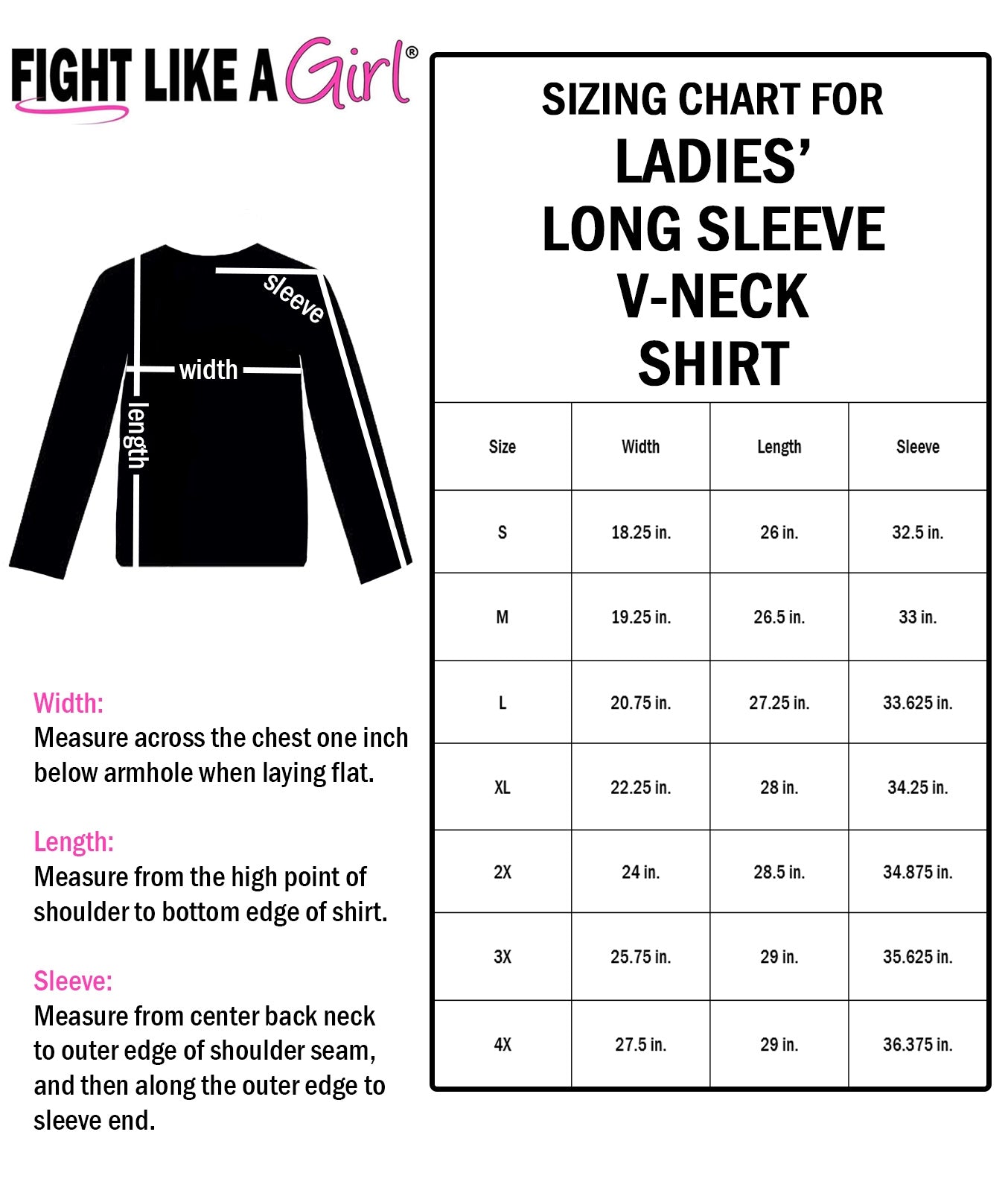 Ladies Long Sleeve V-Neck Size Chart