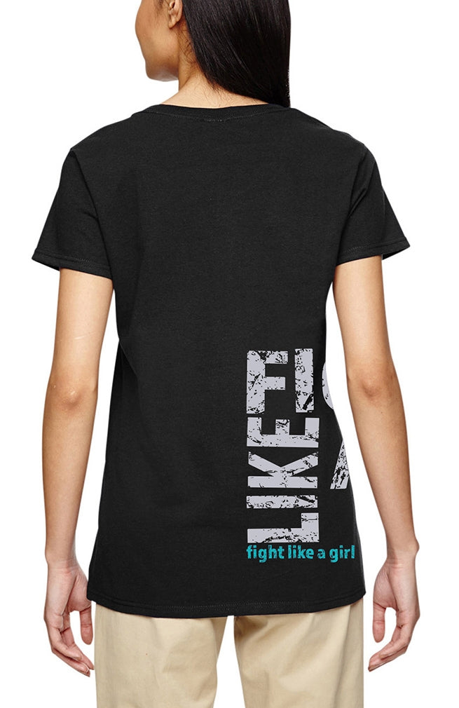 "Fight Like a Girl Side Wrap" Ladies V-Neck T-Shirt - Black w/ Teal 