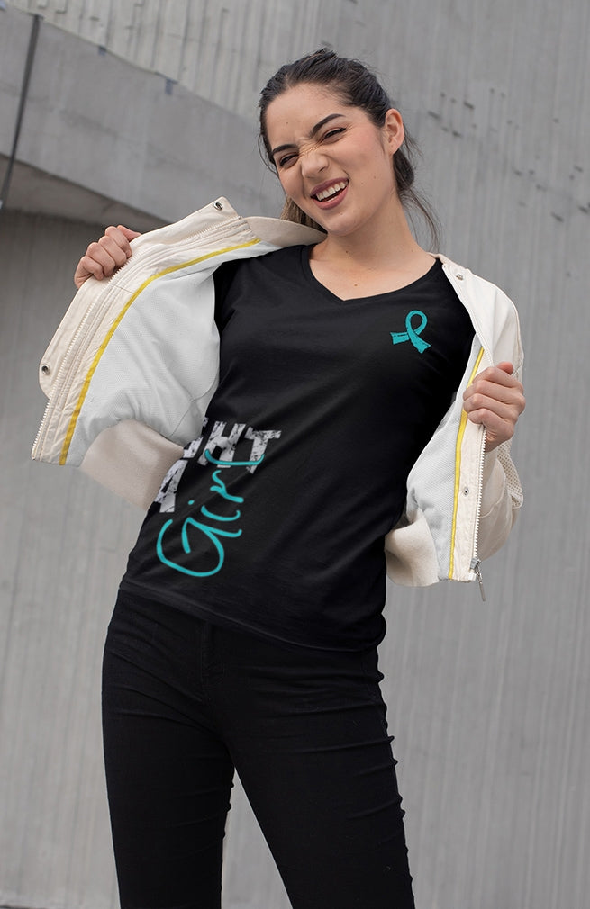 "Fight Like a Girl Side Wrap" Ladies V-Neck T-Shirt - Black w/ Teal 