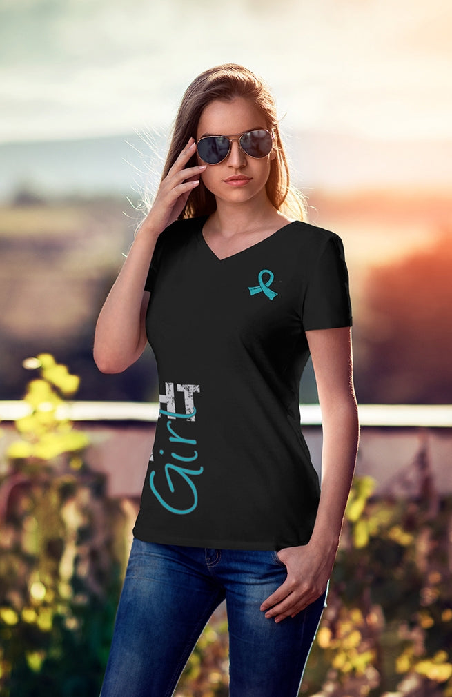 "Fight Like a Girl Side Wrap" Ladies V-Neck T-Shirt - Black w/ Teal 