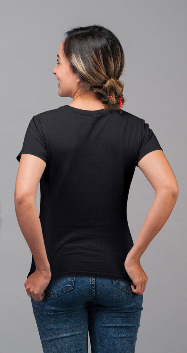 Back of woman wearing a black women's fit t-shirt.  The back of the shirt doesn't have any artwork printed on it.