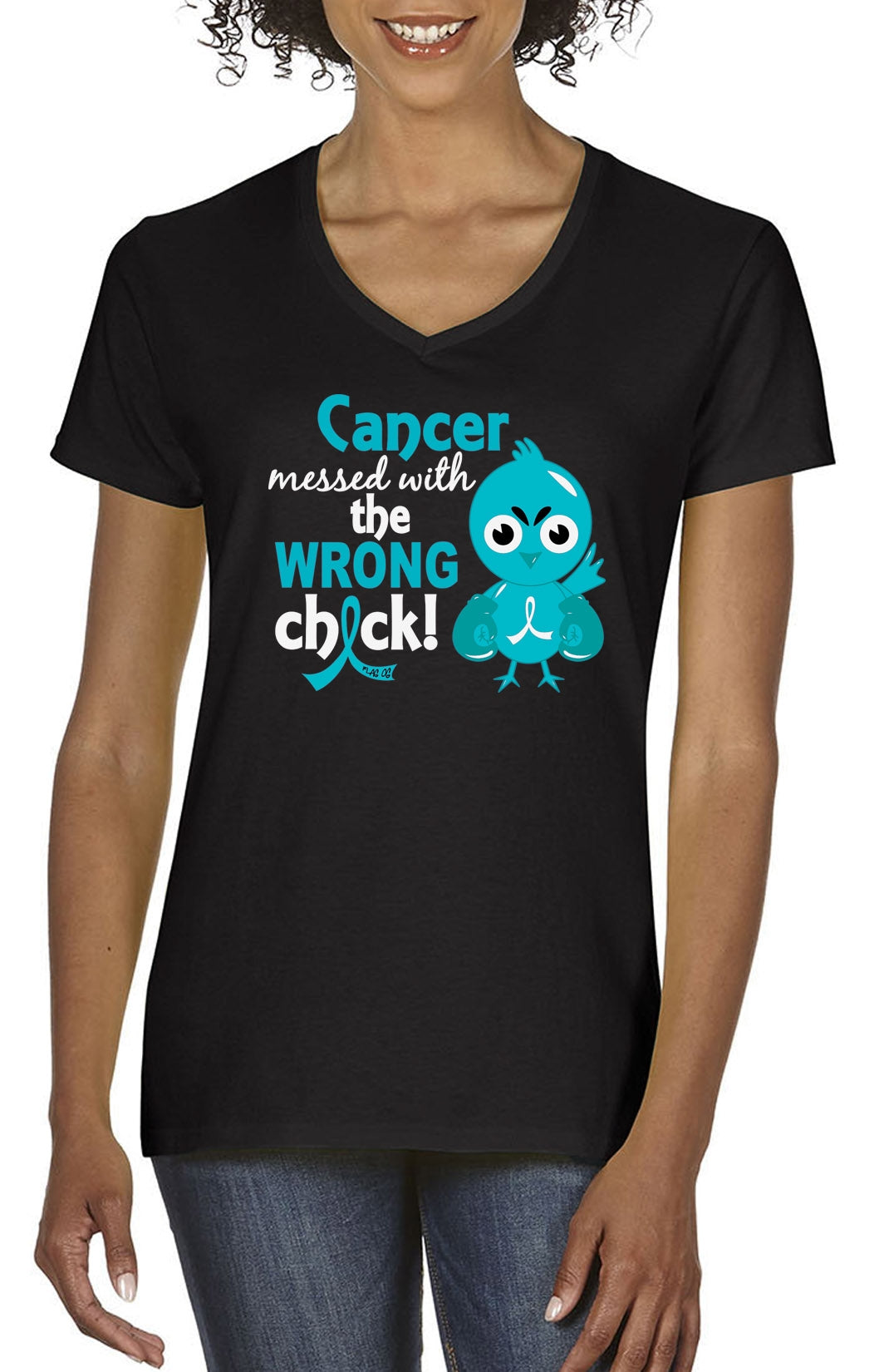 "Messed with the Wrong Chick" Ladies V-Neck T-Shirt - Black w/ Teal