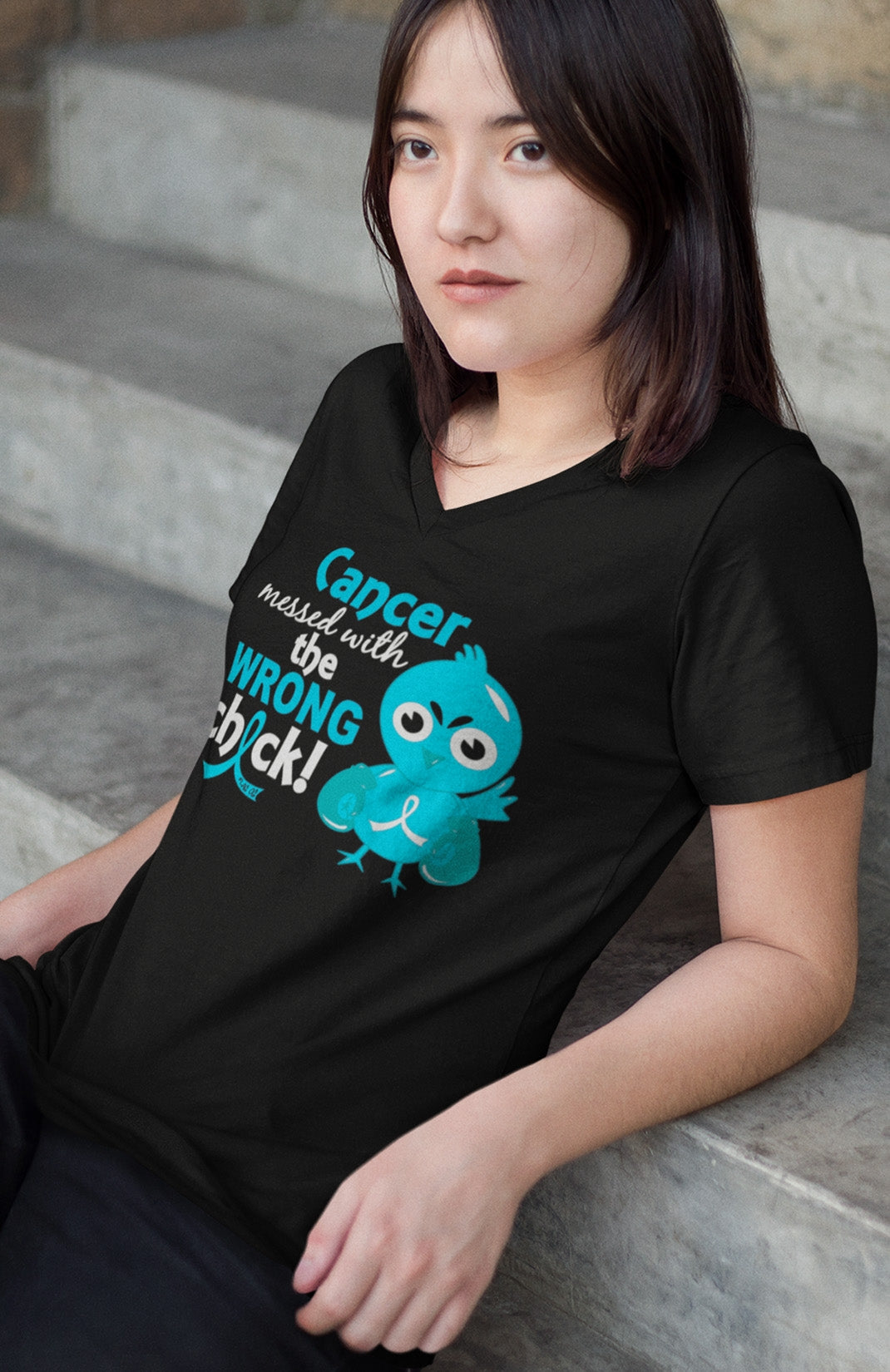 "Messed with the Wrong Chick" Ladies V-Neck T-Shirt - Black w/ Teal